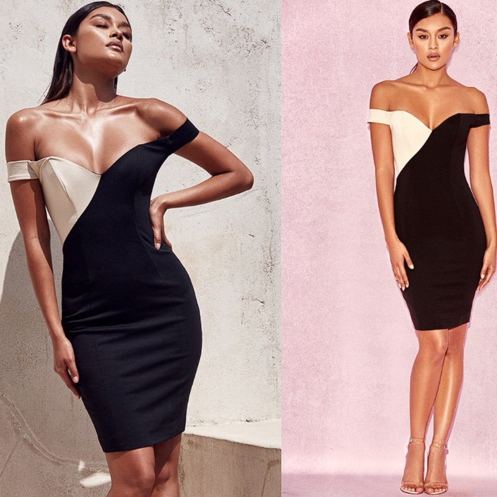 House of CB 'Rodene' Black + Nude Two Tone Cross Over Dress NWT